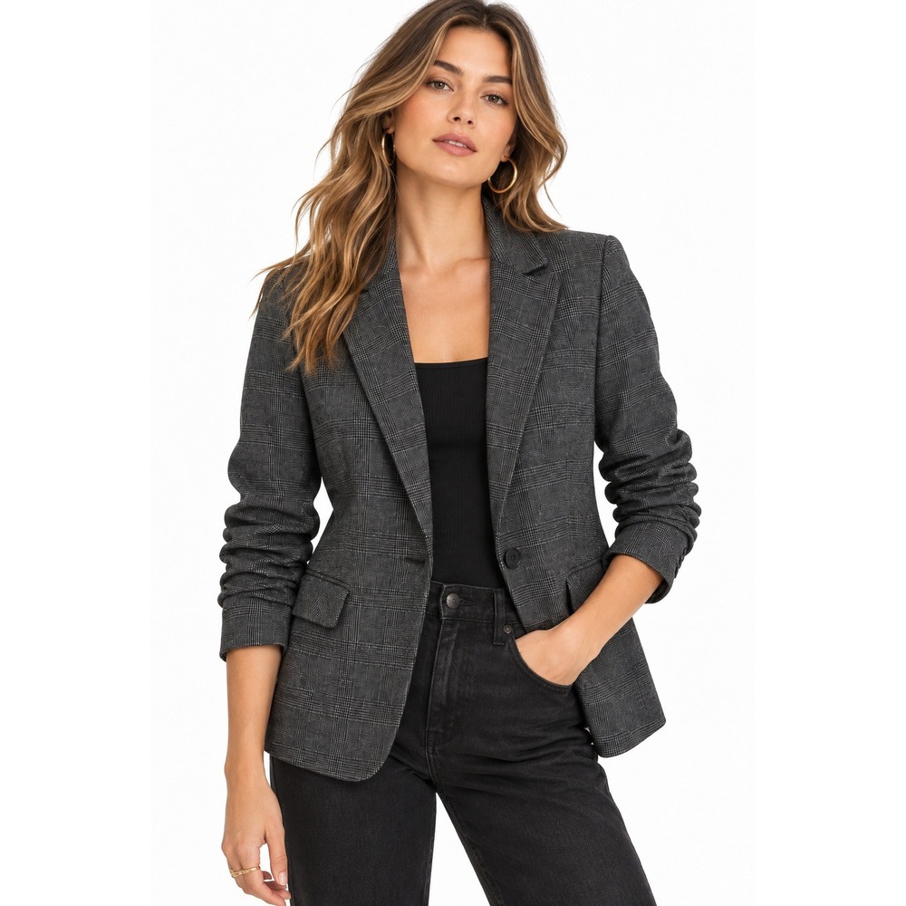 Skies‎ Are Blue Grey Plaid Ruched Sleeve Blazer Jacket XS NWT